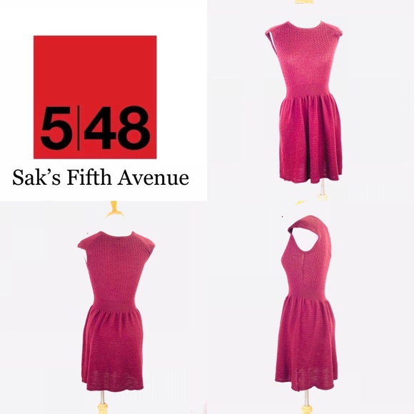 5/48 Saks Fifth Ave Skater Dress Wool Blend Maroon Wine Knit Dress NWOT Small - Picture 2 of 8
